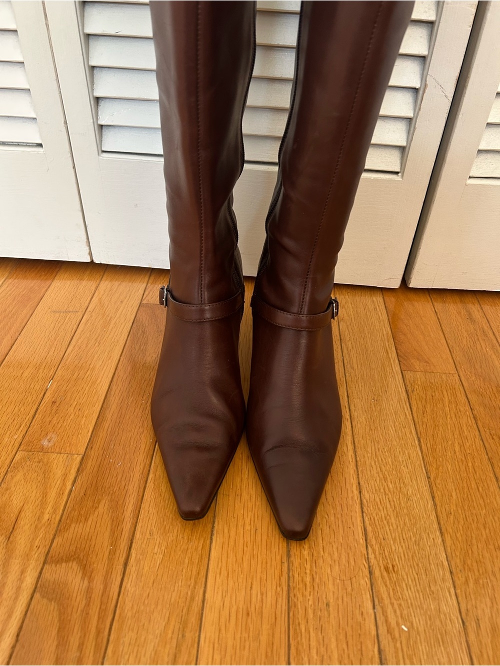 Anne Klein iBrown Leather Mid-Heel Women's Boots